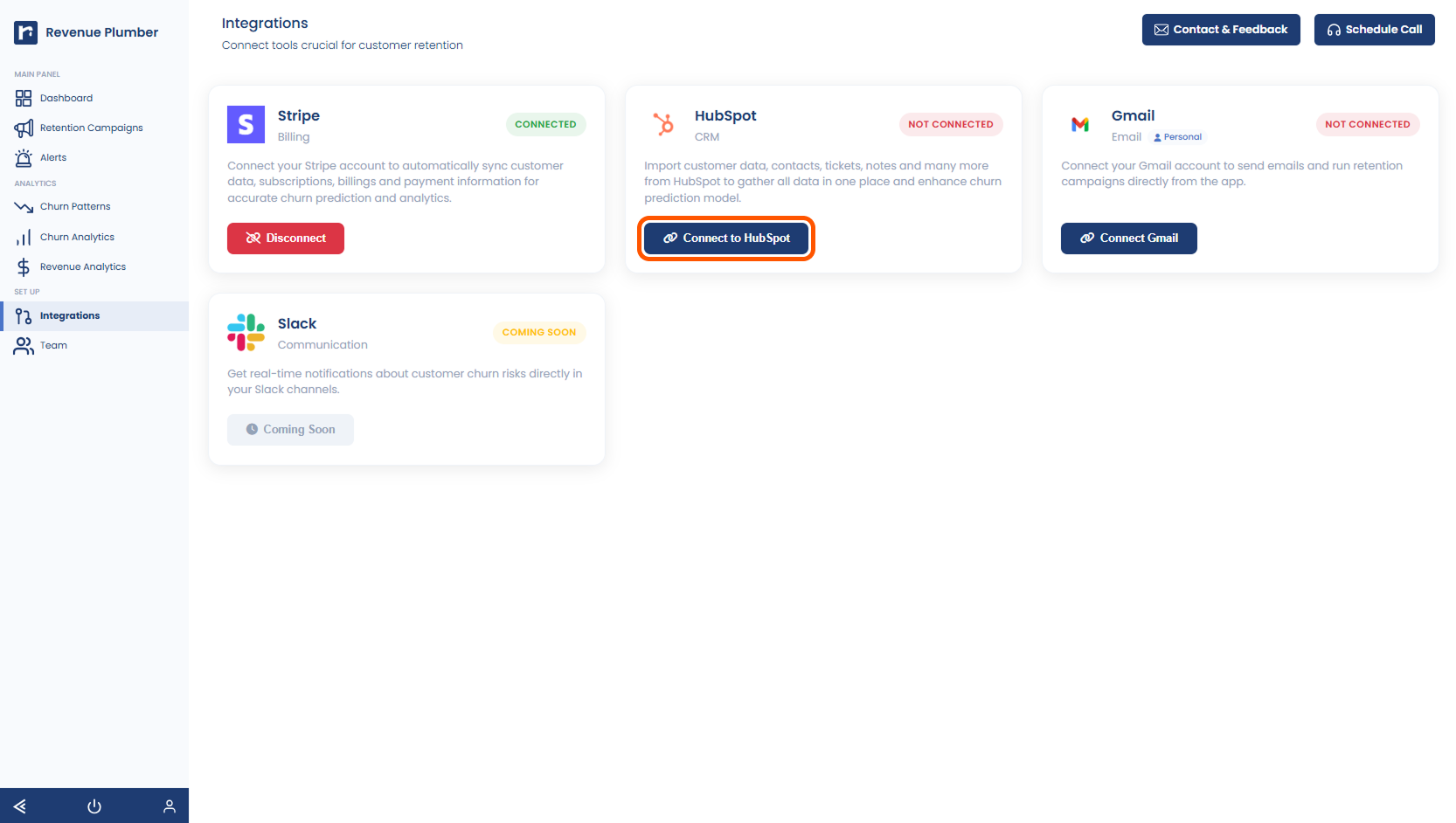 HubSpot integration card with Connect button