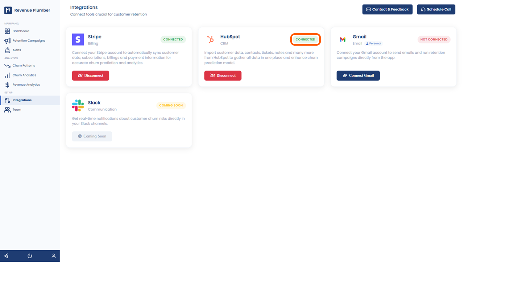 Connected status on HubSpot integration card