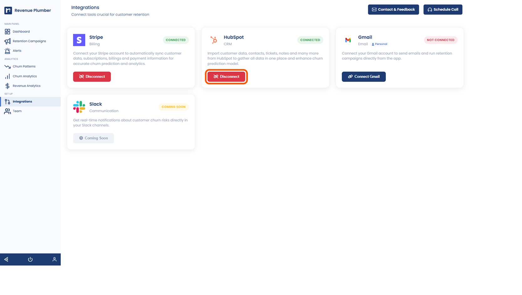 Disconnect button on HubSpot integration card