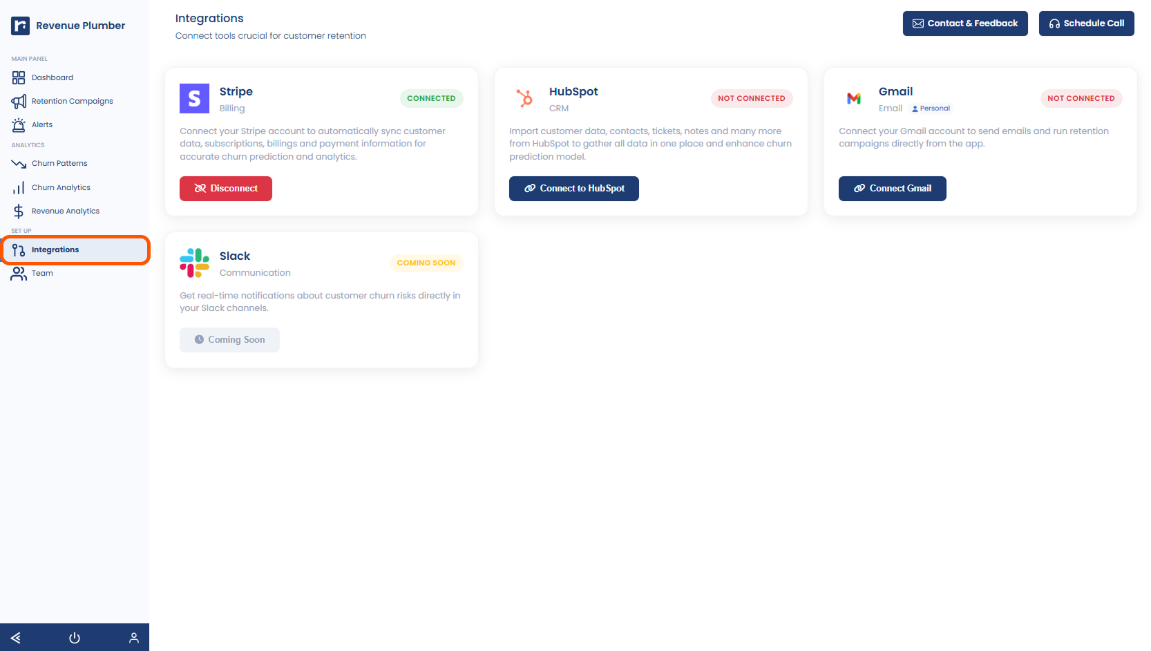 Integrations menu in Revenue Plumber dashboard